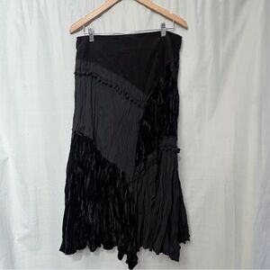 Vintage Linea Domani Black Boho Patchwork Skirt Pom  Velvet Crinkle Maxi Skirt